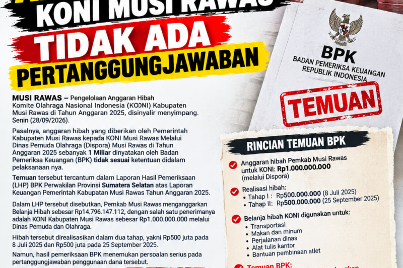 Dana Hibah KONI Musi Rawas Ratusan juta Tanpa Pertanggungjawaban